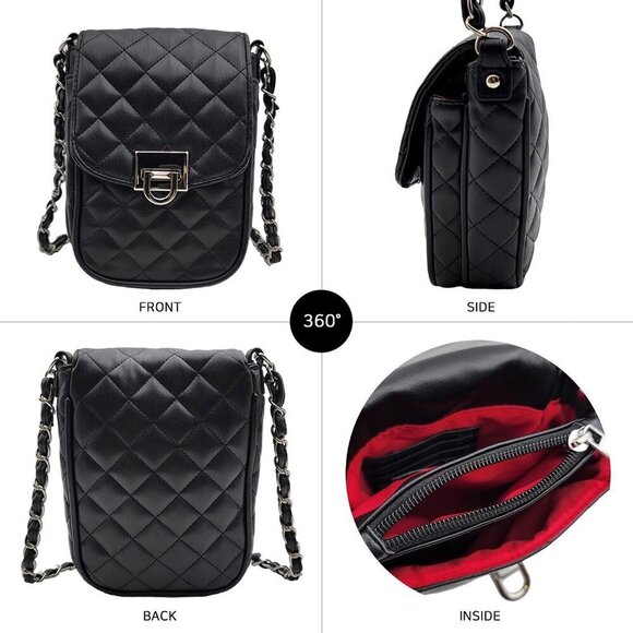 ⭐Women Small Vegan Black & Silver Leather Mini Shoulder Wallet Card Quilted - Picture 2 of 5